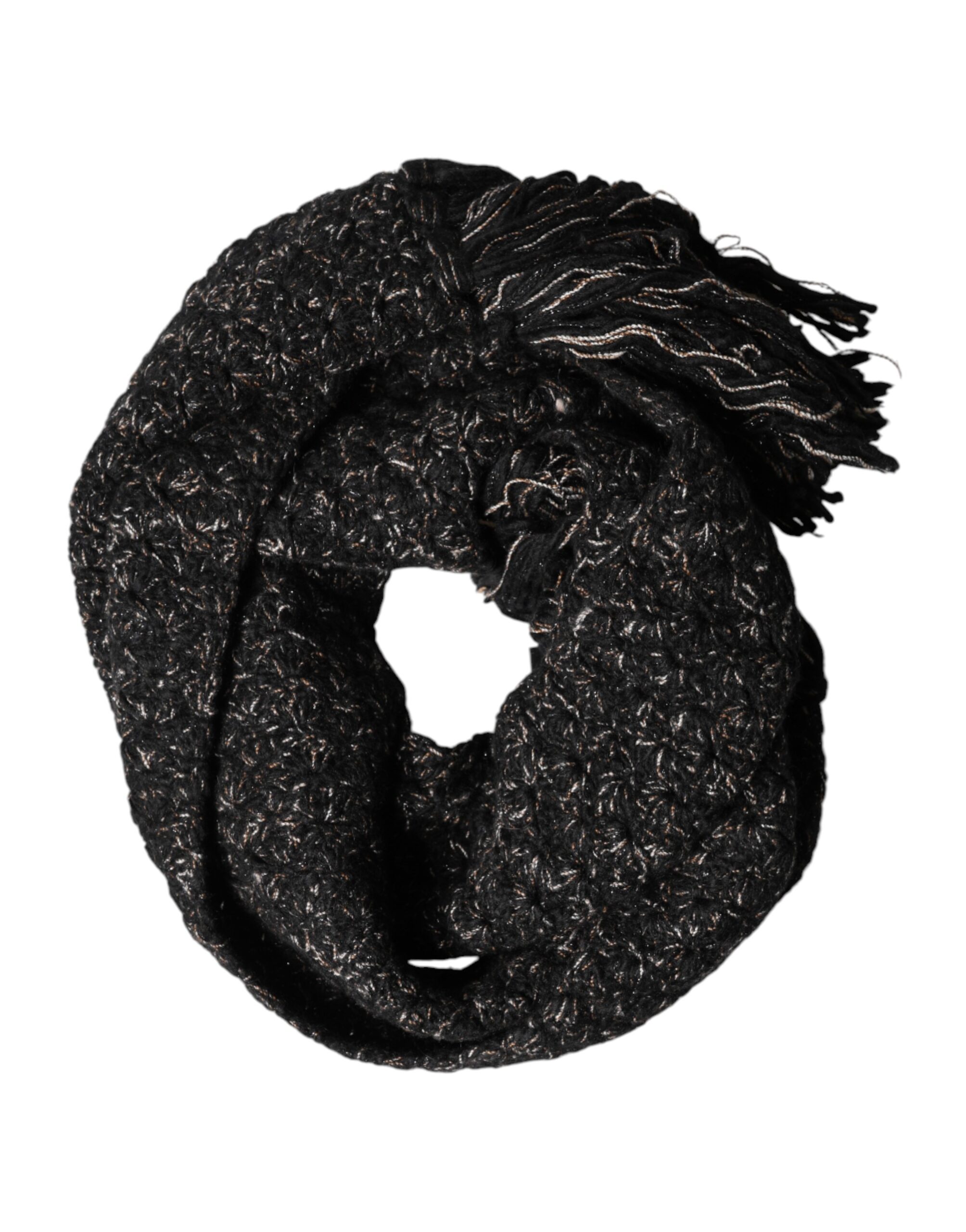 Dolce & Gabbana Black Wool Fringes Neck Wrap Foulard Scarf - Image 4